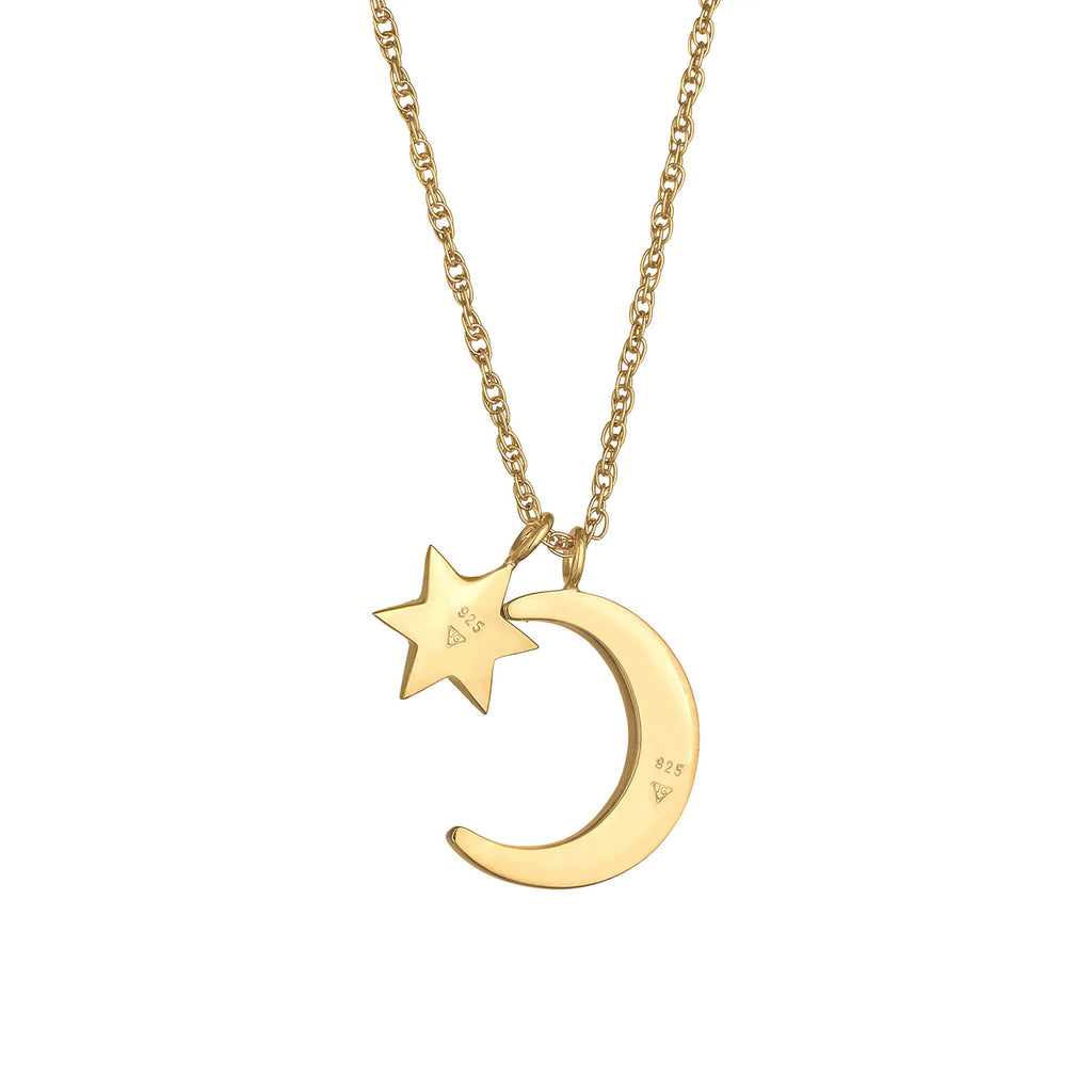 Gold - Elli | Halskette Mond Stern | synth. Opal (Weiß) | 925er sterling Silber Vergoldet
