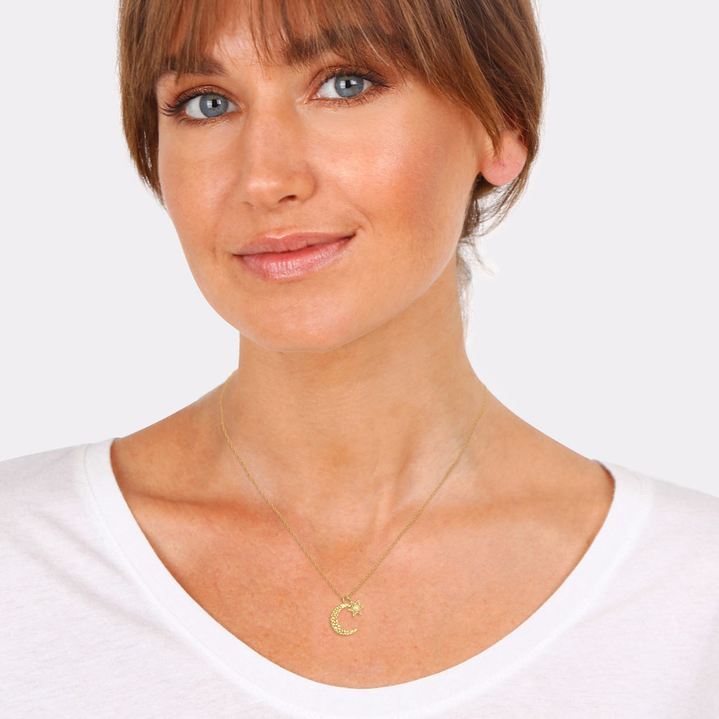Gold - Elli | Halskette Mond Stern | synth. Opal (Weiß) | 925er sterling Silber Vergoldet