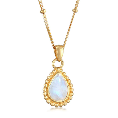 Gold - Elli | Halskette Tropfen Vintage | Mondstein (Weiß) | 925er Sterling Silber