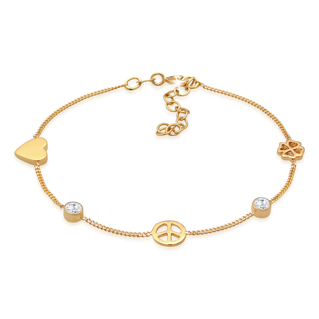 Gold - Elli | Armband Herz Kleeblatt Peace | Zirkonia (Weiß) | 925er Sterling Silber Vergoldet