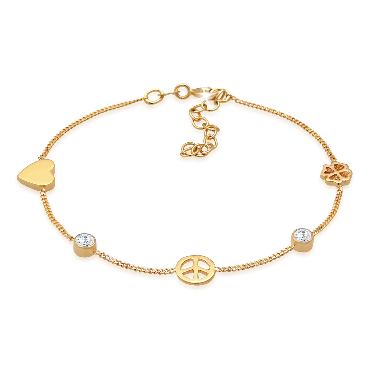 Gold - Elli | Armband Herz Kleeblatt Peace | Zirkonia (Weiß) | 925er Sterling Silber Vergoldet