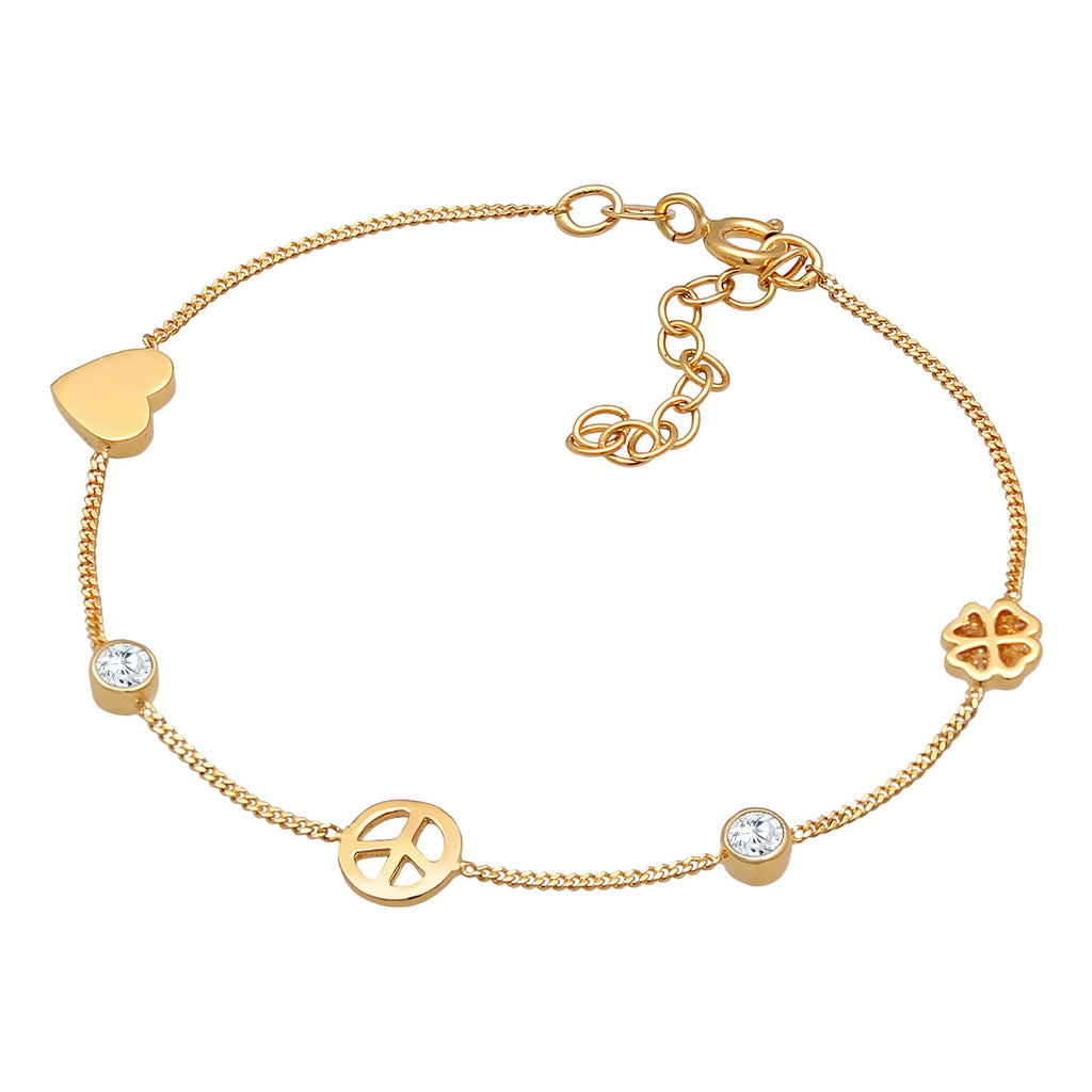 Gold - Elli | Armband Herz Kleeblatt Peace | Zirkonia (Weiß) | 925er Sterling Silber Vergoldet