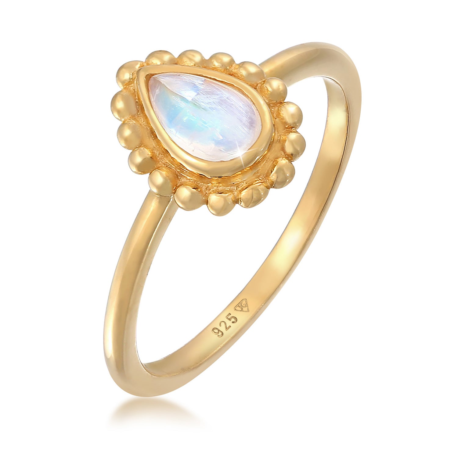 Gold - Elli | Solitär-Ring Tropfen | Mondstein ( Weiß ) | 925er Sterling Silber