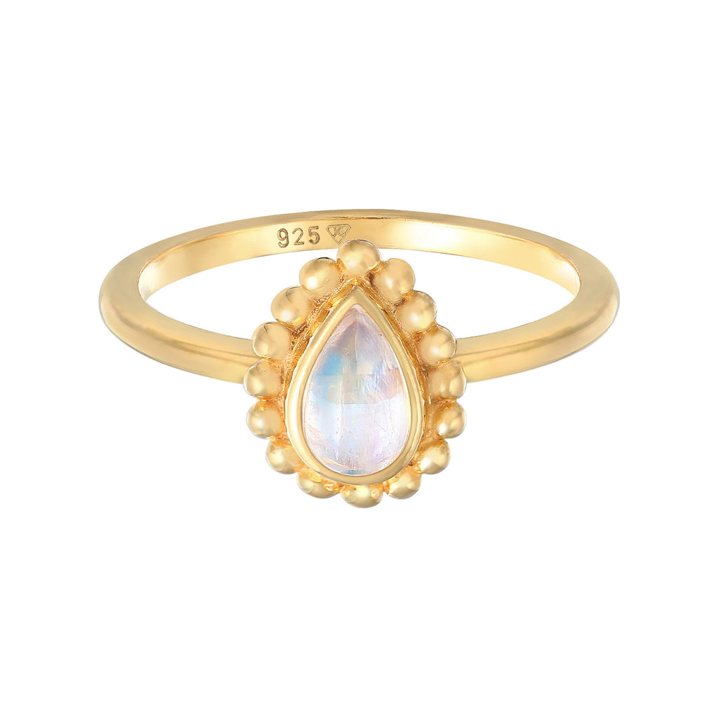 Gold - Elli | Solitär-Ring Tropfen | Mondstein ( Weiß ) | 925er Sterling Silber