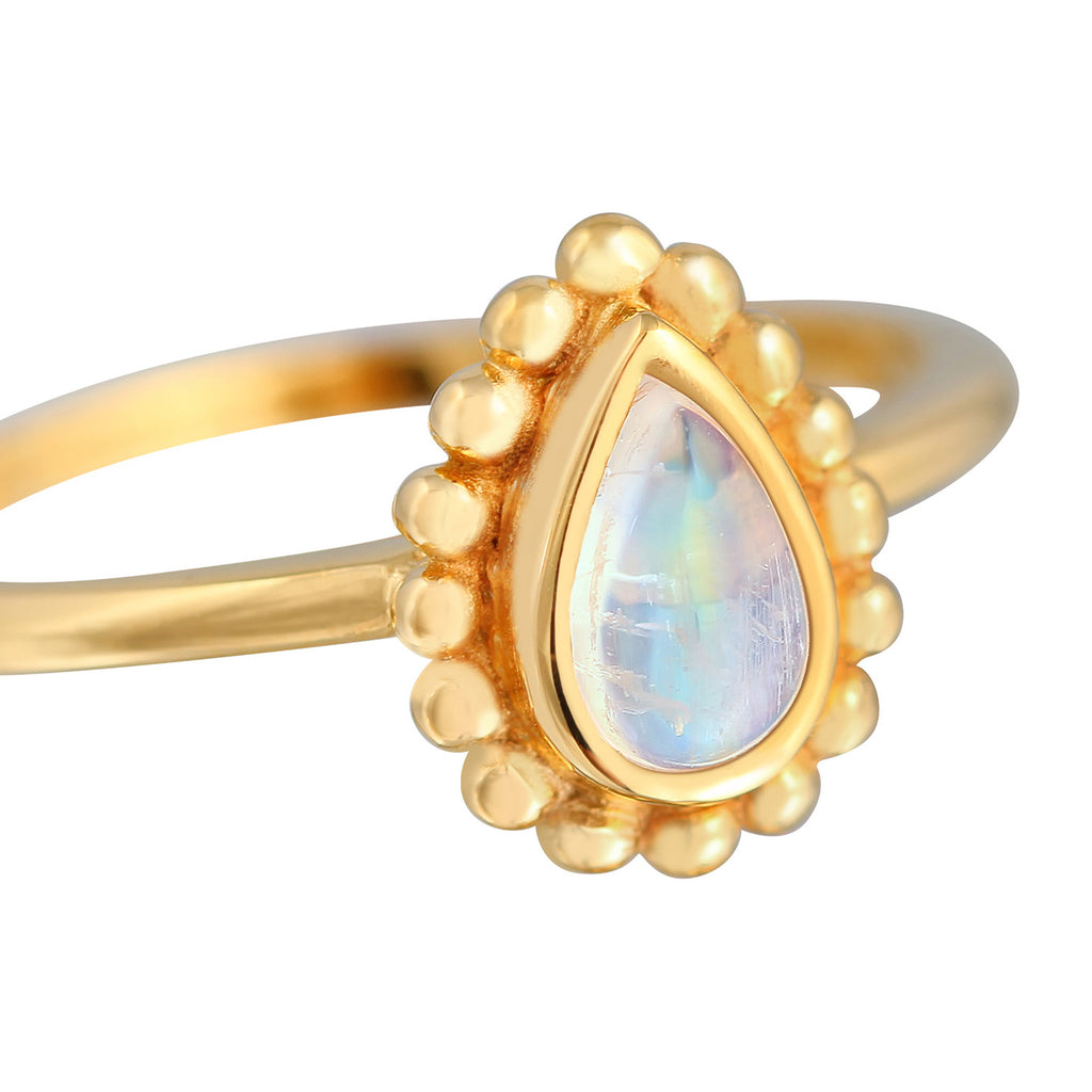 Gold - Elli | Solitär-Ring Tropfen | Mondstein ( Weiß ) | 925er Sterling Silber