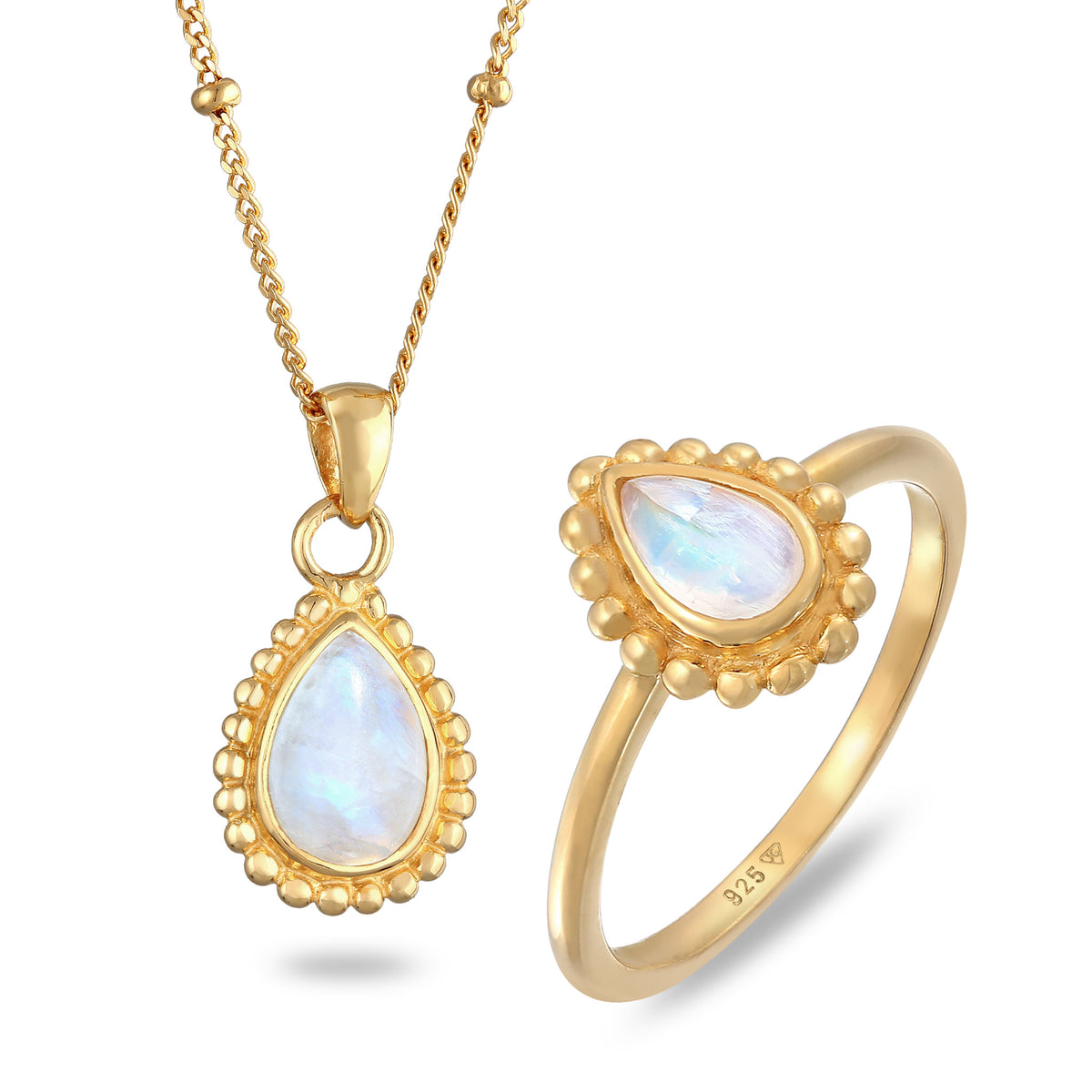 Drop Rainbow Moonstone Ring with Bubble Setting &amp; Necklace Jewelry Set