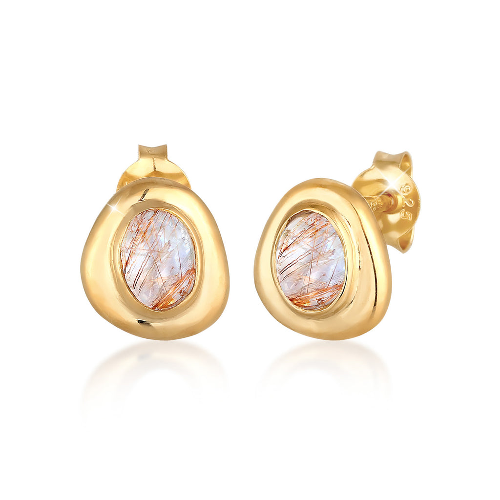 Gold - Elli PREMIUM | Ohrstecker Oval | Quarz ( Weiß ) | 925er Sterling Silber