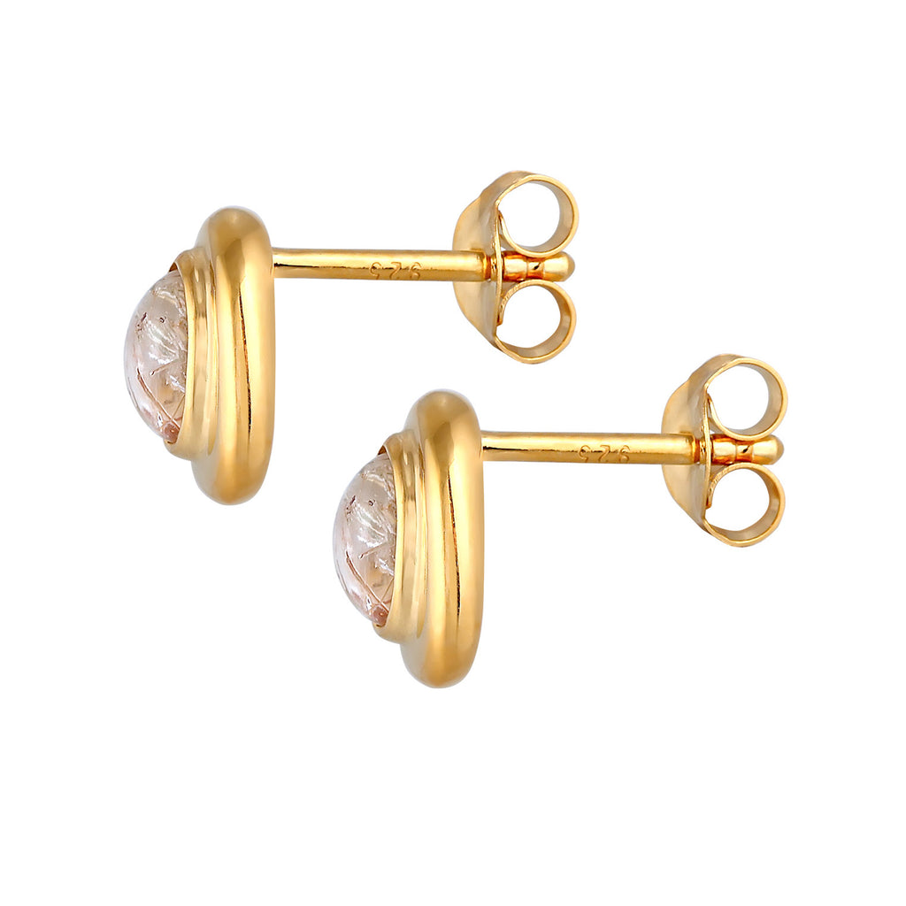 Gold - Elli PREMIUM | Ohrstecker Oval | Quarz ( Weiß ) | 925er Sterling Silber