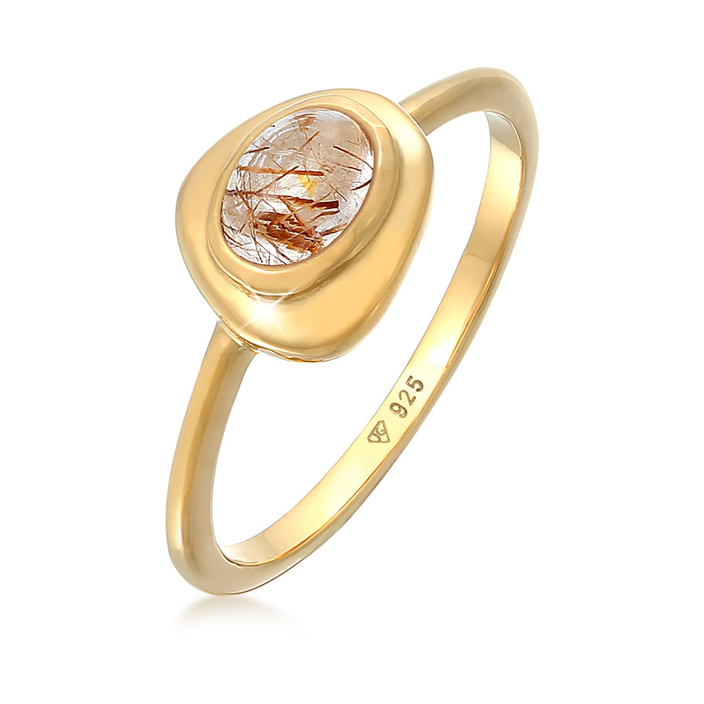 Gold - Elli PREMIUM | Solitär-Ring Engelshaar | Quarz ( Weiß ) | 925er Sterling Silber vergoldet