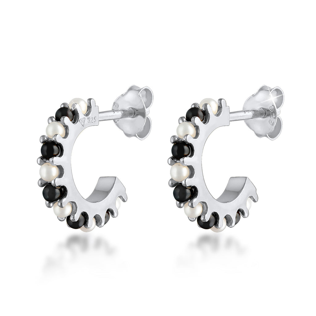 Silber - Elli | Creolen Schwarz-Weiß | synthetische Perle | 925er Sterling Silber