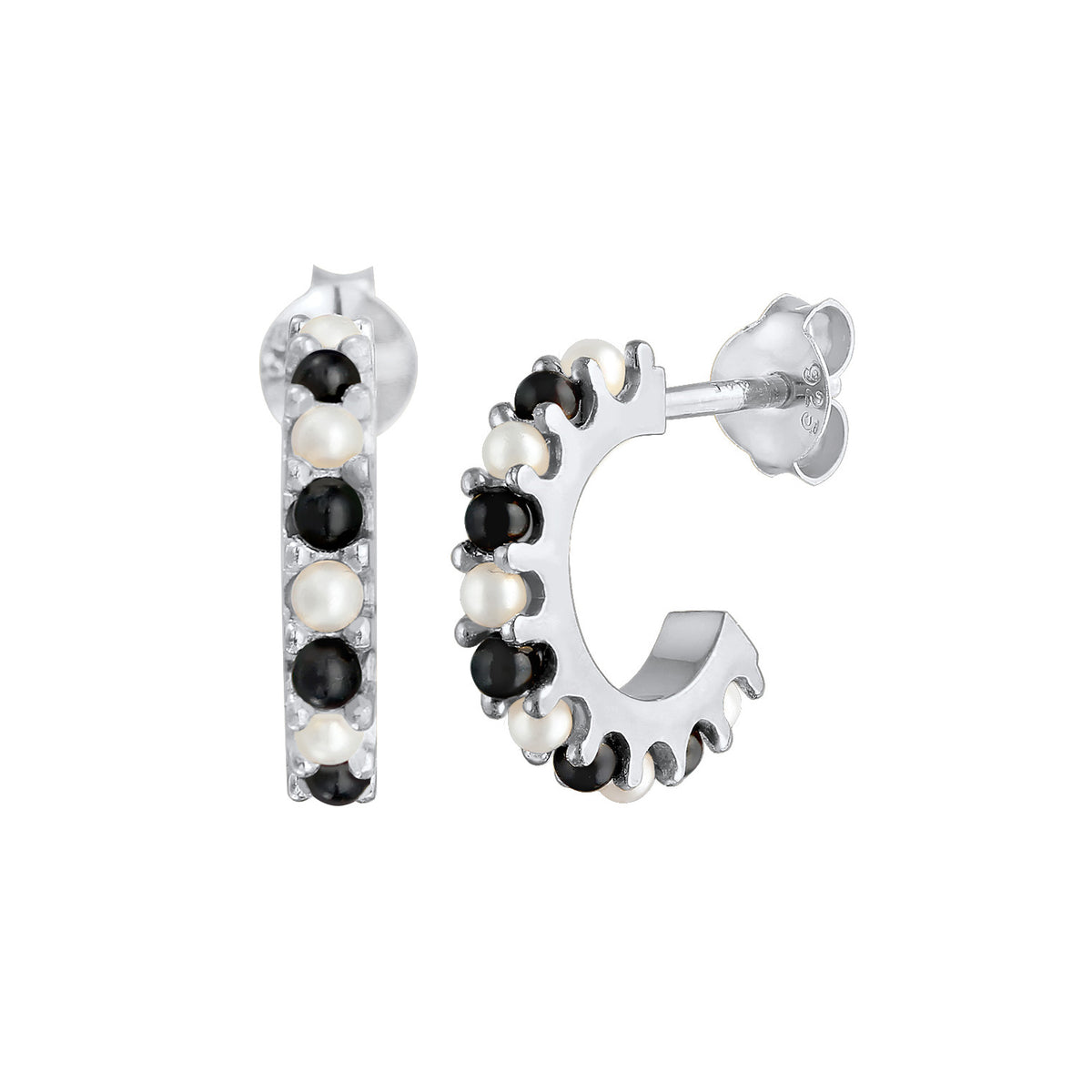 Silber - Elli | Creolen Schwarz-Weiß | synthetische Perle | 925er Sterling Silber