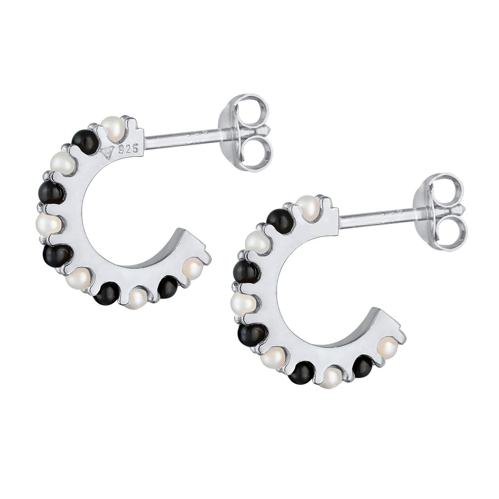 Silber - Elli | Creolen Schwarz-Weiß | synthetische Perle | 925er Sterling Silber