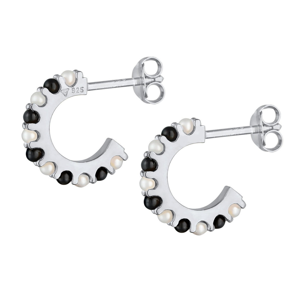 Silber - Elli | Creolen Schwarz-Weiß | synthetische Perle | 925er Sterling Silber