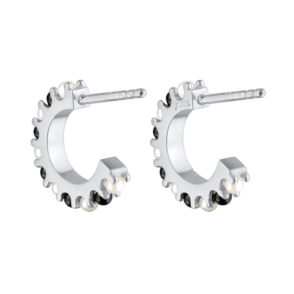Silber - Elli | Creolen Schwarz-Weiß | synthetische Perle | 925er Sterling Silber