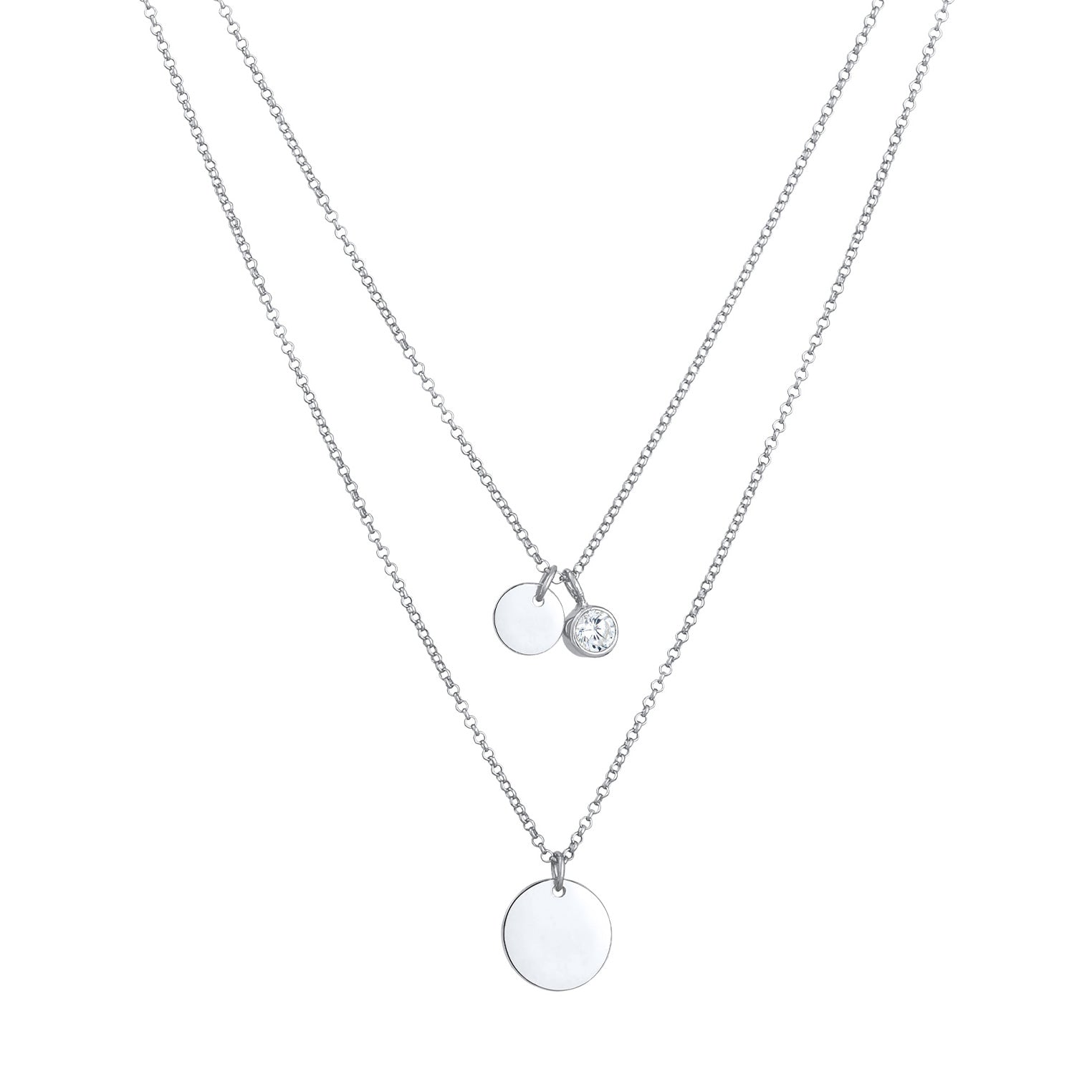 Silber - Elli | Layer Halskette Plättchen | Zirkonia (Weiß) | 925er Sterling Silber