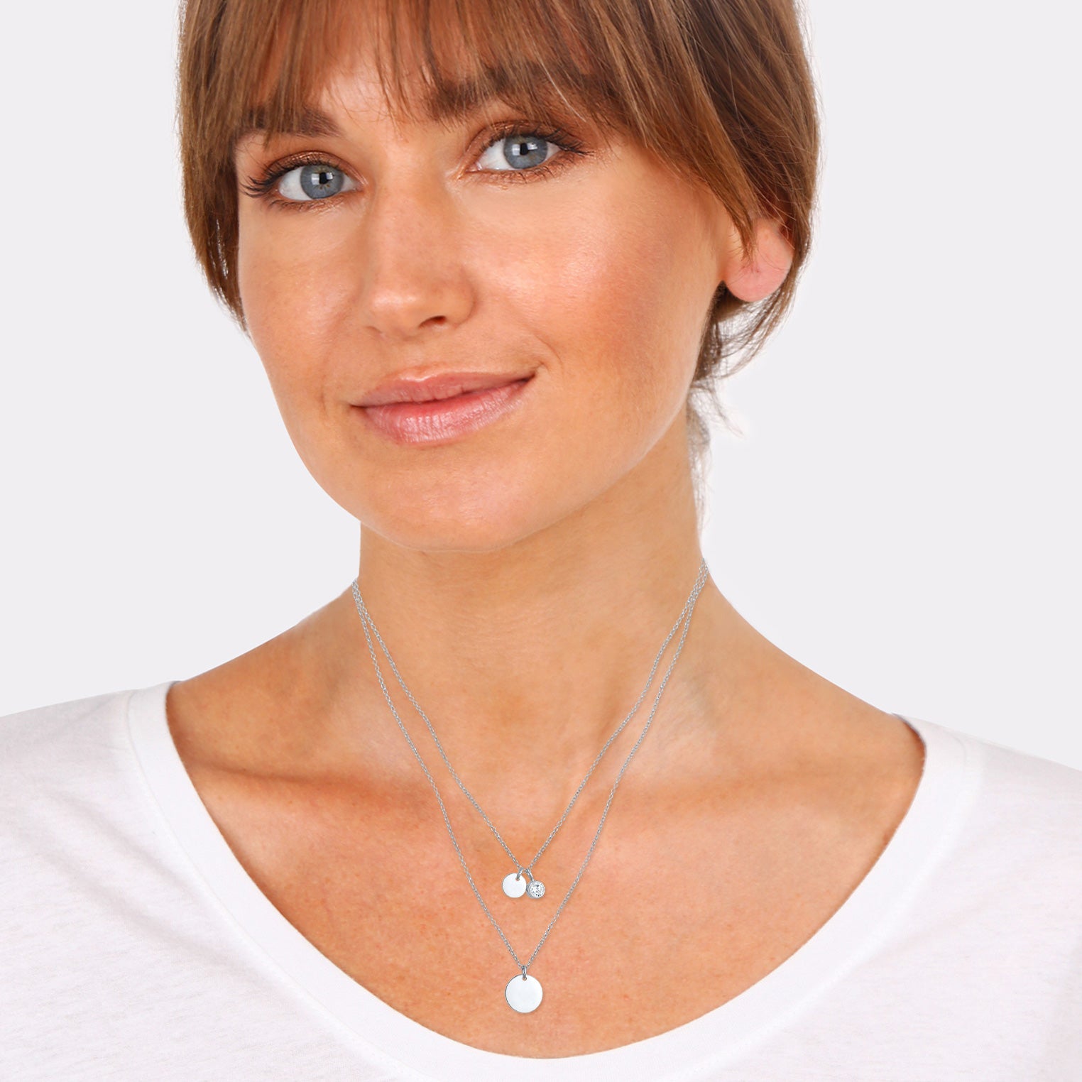 Silber - Elli | Layer Halskette Plättchen | Zirkonia (Weiß) | 925er Sterling Silber