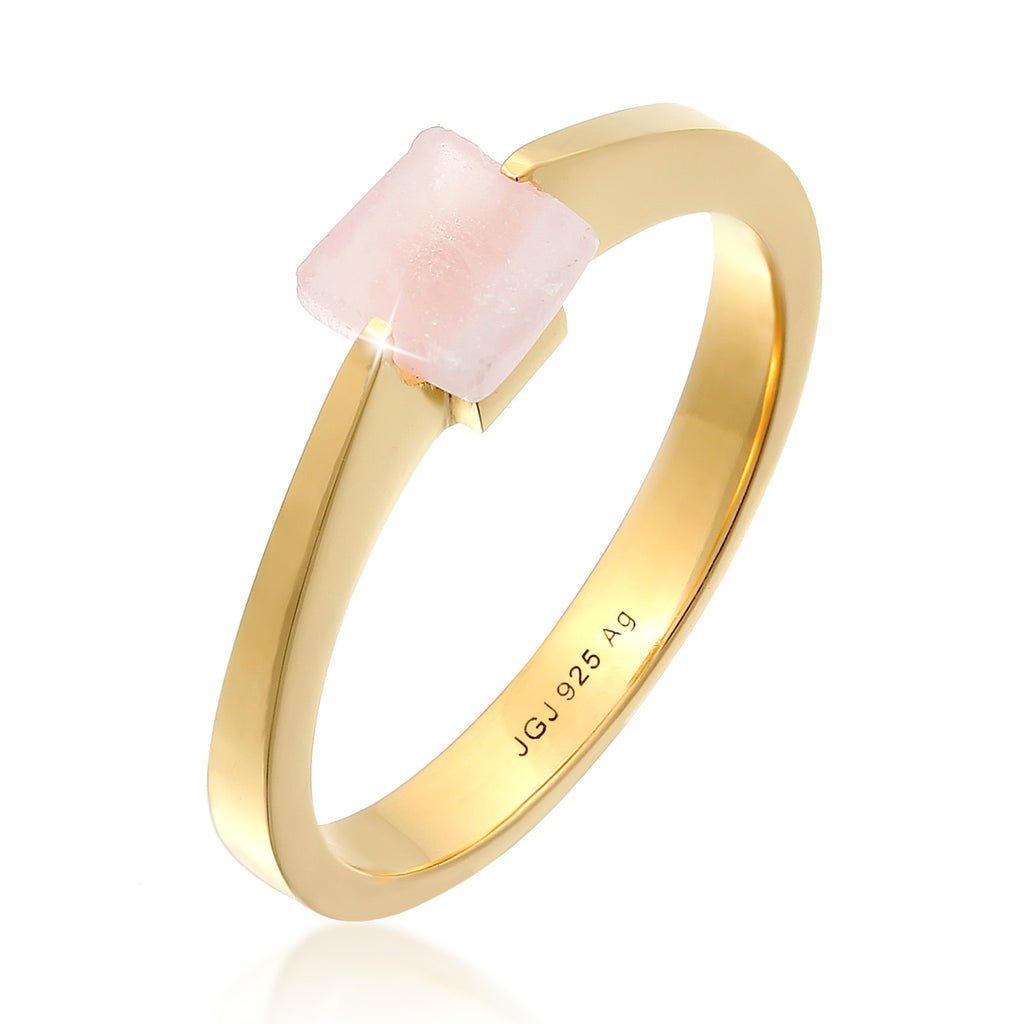 Gold - Elli PREMIUM | Solitär-Ring Viereck | Quarz (Rosa) | 925er Sterling Silber
