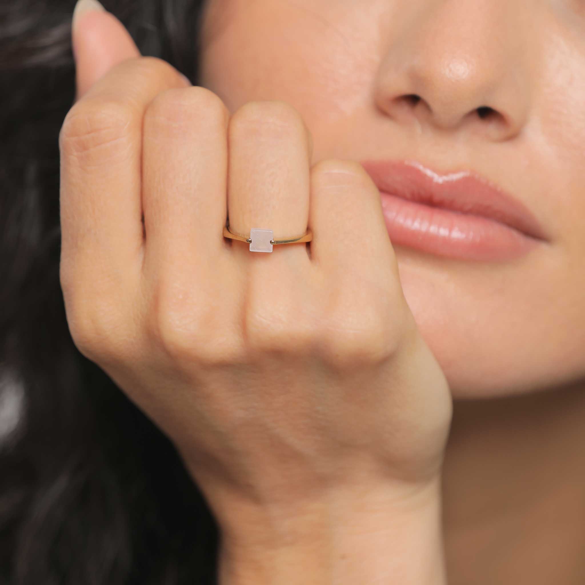 Gold - Elli PREMIUM | Solitär-Ring Viereck | Quarz (Rosa) | 925er Sterling Silber