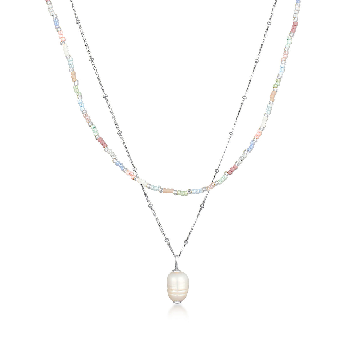 Silber - Elli | Layer-Halskette Glas Beads | Süßwasserperle | 925er Sterling Silber