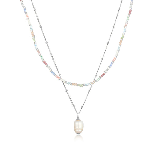 Silber - Elli | Layer-Halskette Glas Beads | Süßwasserperle | 925er Sterling Silber