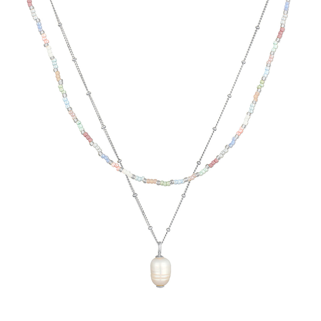 Silber - Elli | Layer-Halskette Glas Beads | Süßwasserperle | 925er Sterling Silber