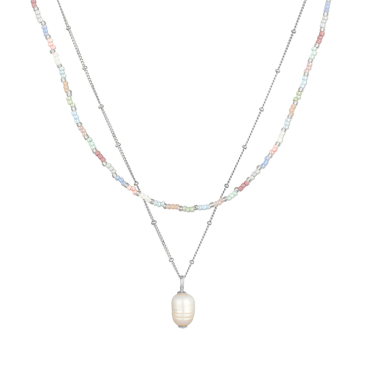 Silber - Elli | Layer-Halskette Glas Beads | Süßwasserperle | 925er Sterling Silber
