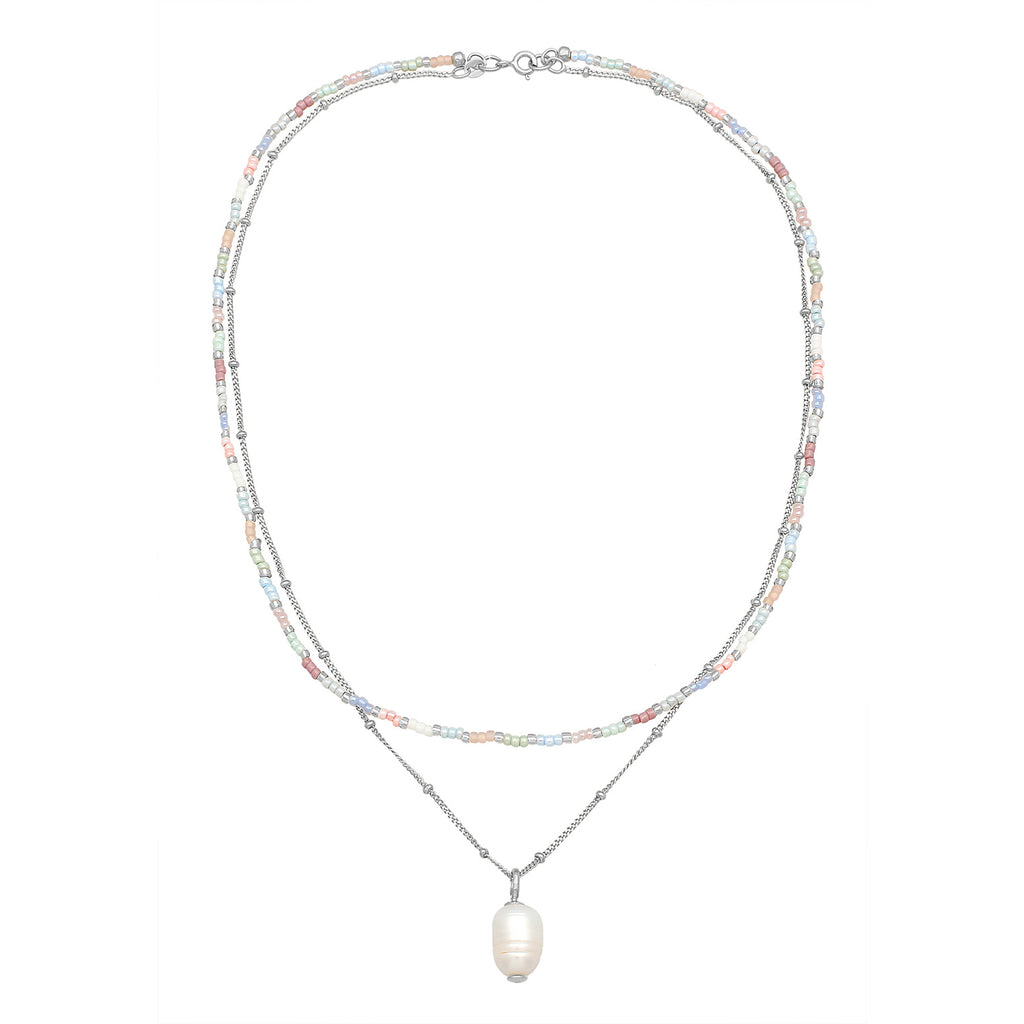 Silber - Elli | Layer-Halskette Glas Beads | Süßwasserperle | 925er Sterling Silber