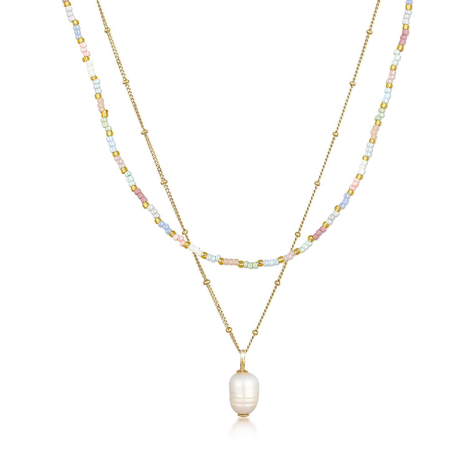 Gold - Elli | Layer-Halskette Beads | Süßwasserperle | 925er Sterling Silber