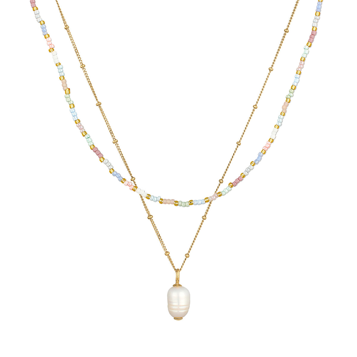 Gold - Elli | Layer-Halskette Beads | Süßwasserperle | 925er Sterling Silber