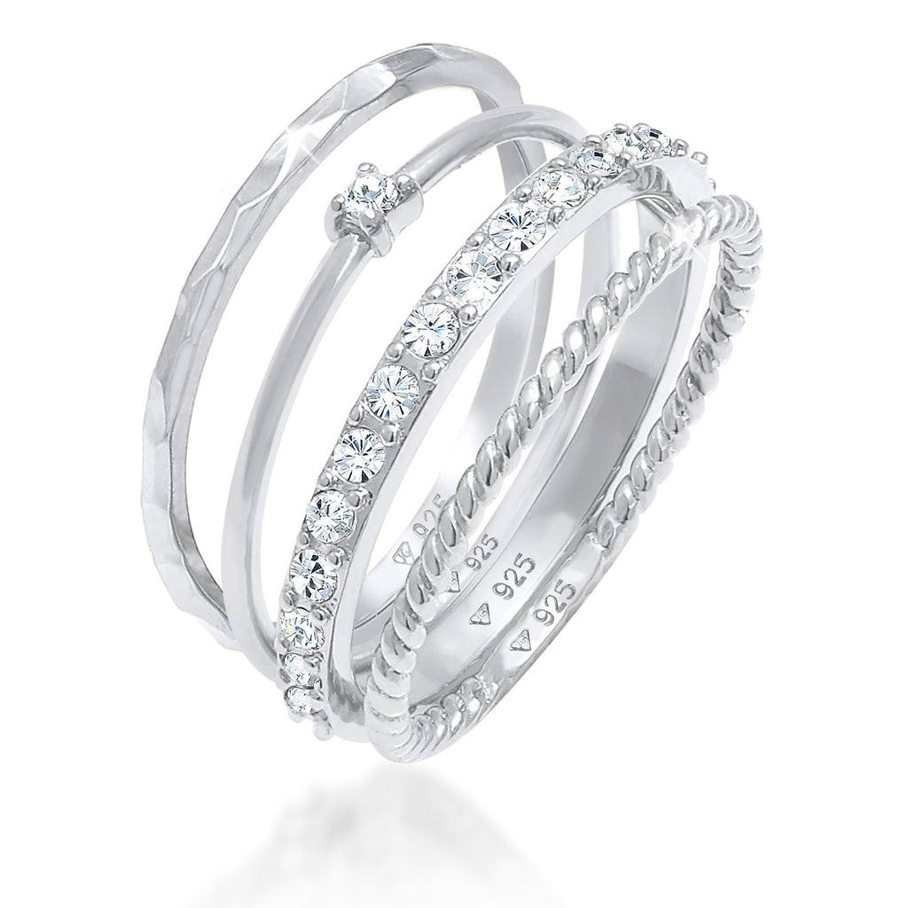 Silber - Elli | Stapelring 4er Set | Mit Kristallen von Swarovski® (Weiß) | 925er Sterling Silber