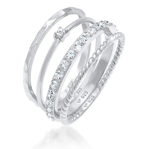 Silber - Elli | Stapelring 4er Set | Mit Kristallen von Swarovski® (Weiß) | 925er Sterling Silber