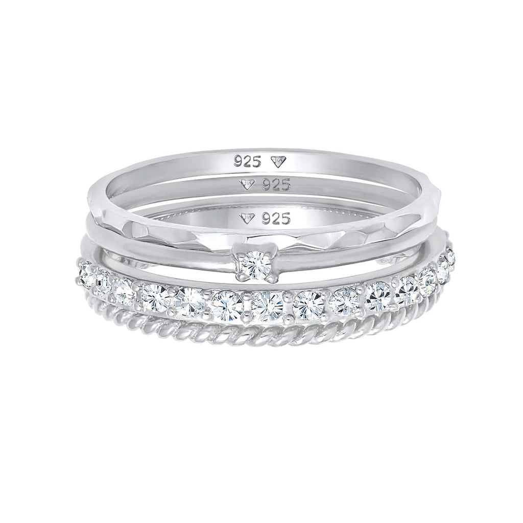 Silber - Elli | Stapelring 4er Set | Mit Kristallen von Swarovski® (Weiß) | 925er Sterling Silber