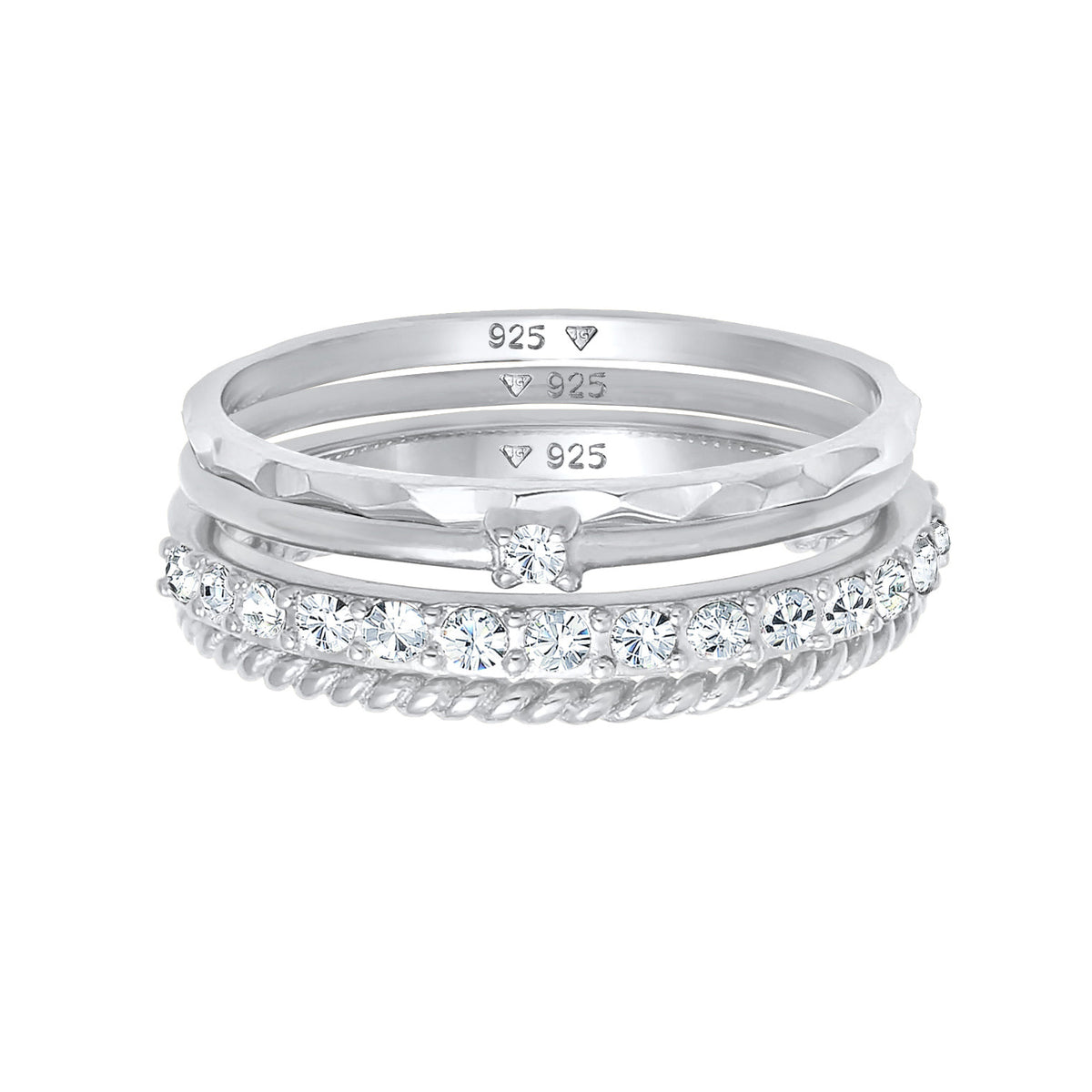 Silber - Elli | Stapelring 4er Set | Mit Kristallen von Swarovski® (Weiß) | 925er Sterling Silber