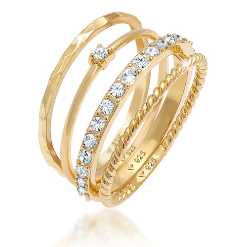 Gold - Elli | Stapelring 4er Set | Mit Kristallen von Swarovski® (Weiß) | 925er Sterling Silber