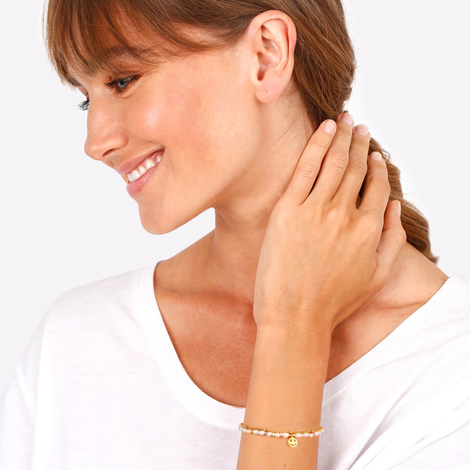 Gold - Elli | Armband mit Smiling Face Beads | Süßwasserperlen | 925er Sterling Silber Vergoldet