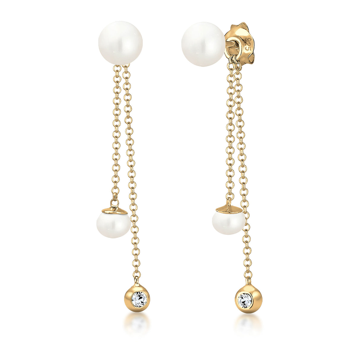 Gold - Elli | Ohrhänger Ear Chain | Süßwasserperle, Kristall (Weiß) | 925er Sterling Silber Vergoldet