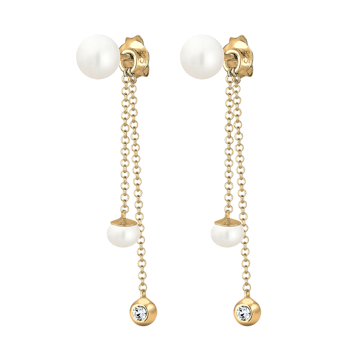 Gold - Elli | Ohrhänger Ear Chain | Süßwasserperle, Kristall (Weiß) | 925er Sterling Silber Vergoldet