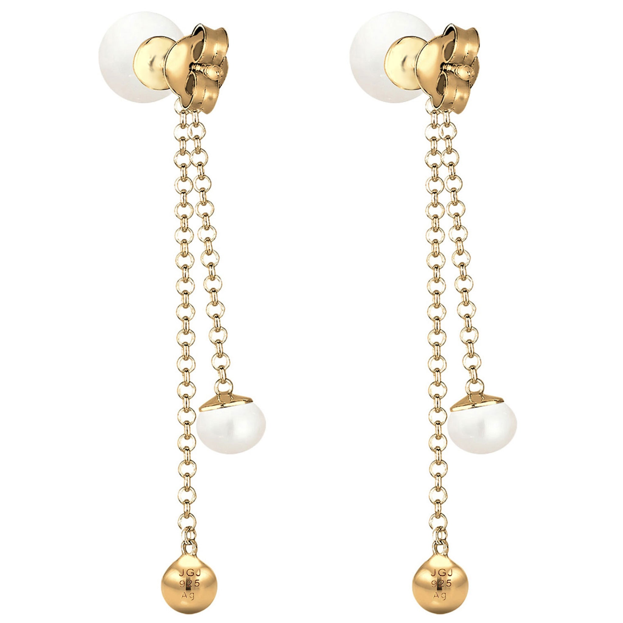 Gold - Elli | Ohrhänger Ear Chain | Süßwasserperle, Kristall (Weiß) | 925er Sterling Silber Vergoldet