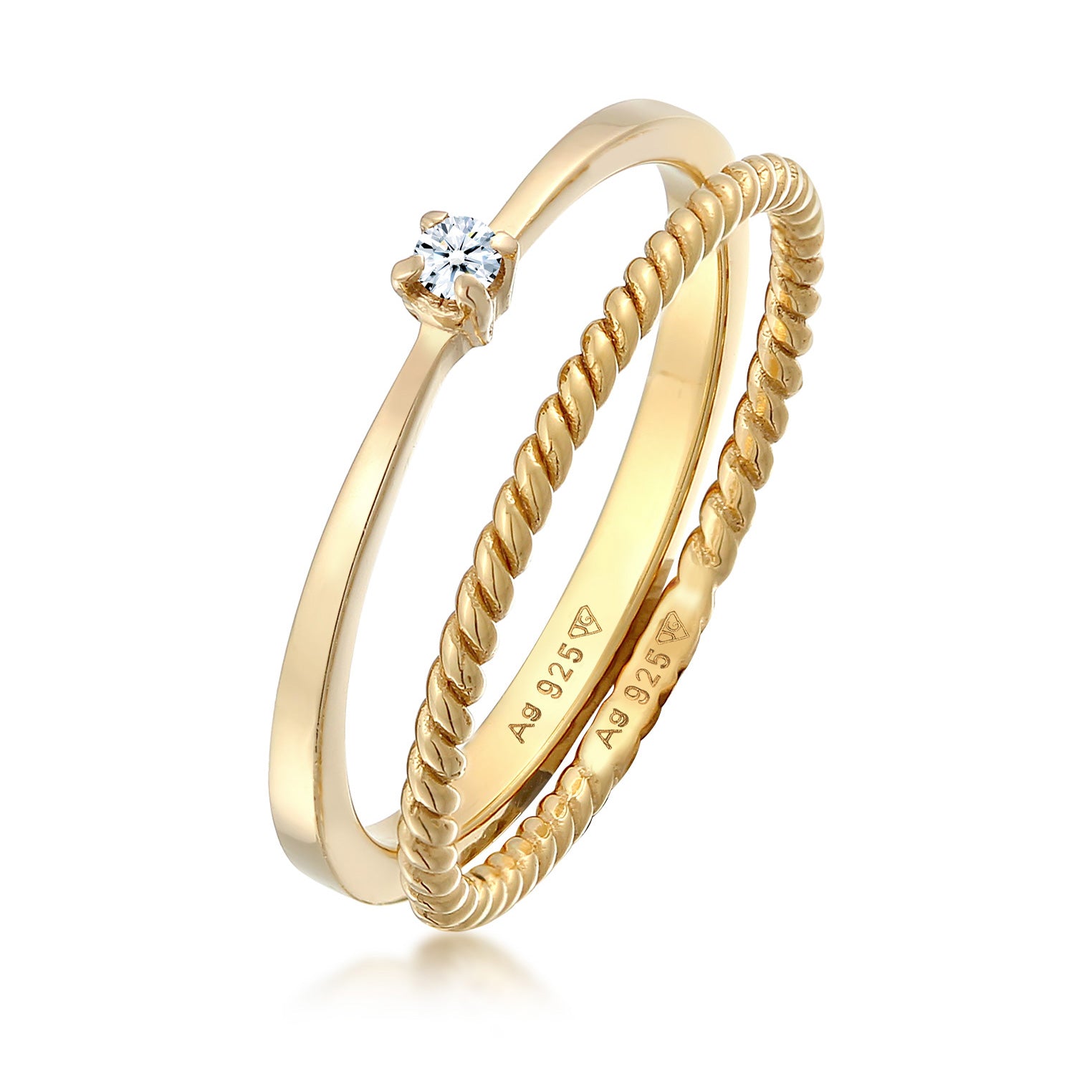 Gold - Elli DIAMONDS | Diamant (0.03 ct.) Kordel Ring Set 925 Silber vergoldet