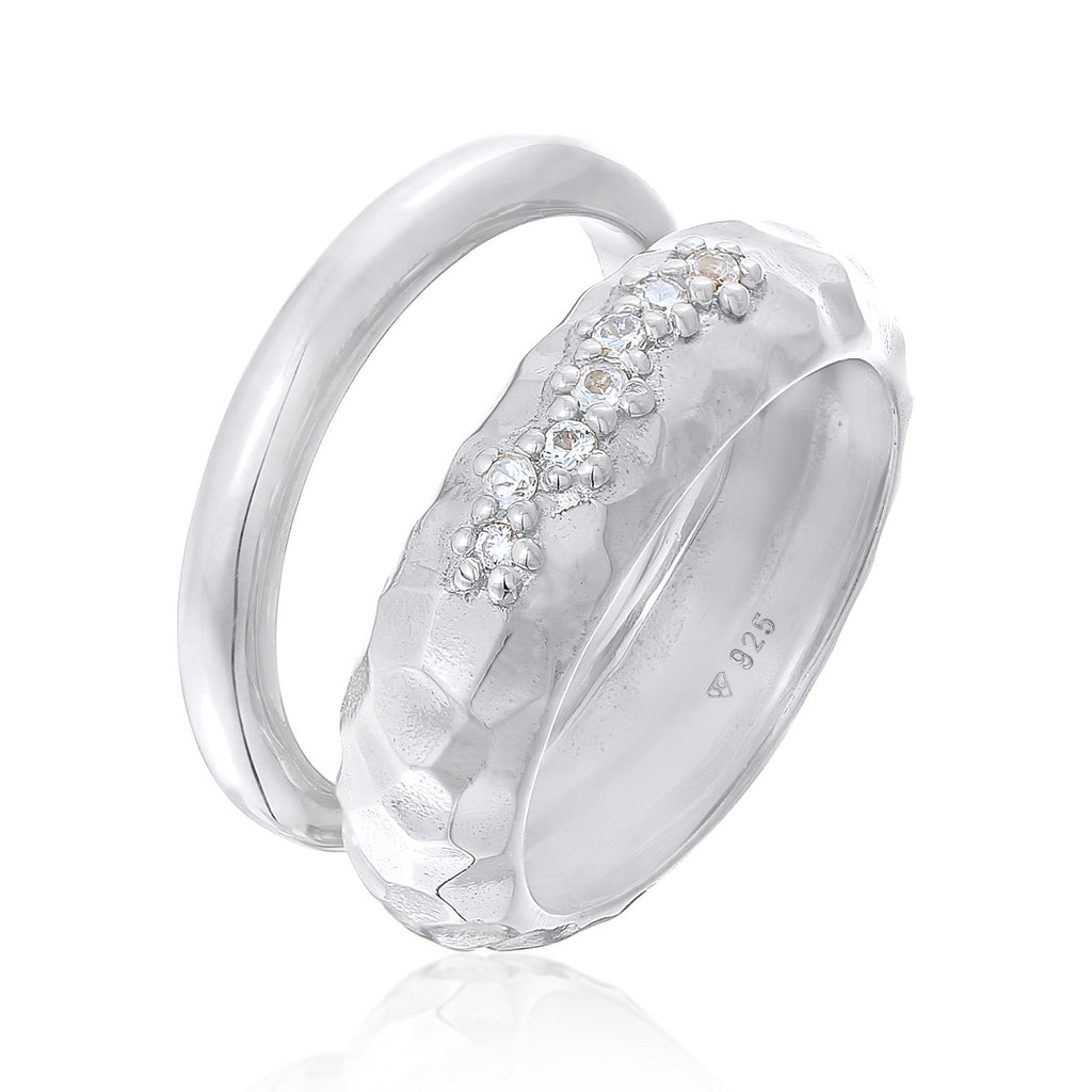 Silber - Elli PREMIUM | Ring-Set Gehämmert | Topas (Weiß) | 925er Sterling Silber