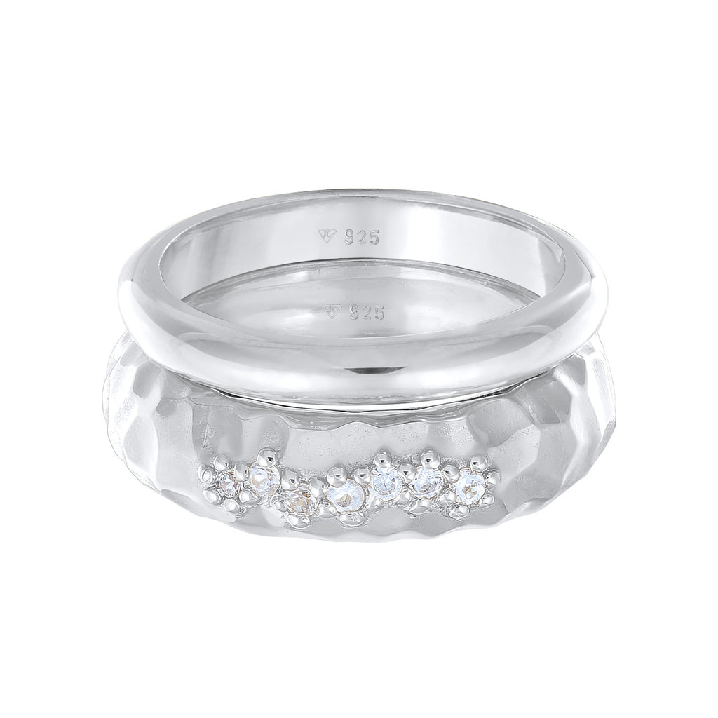 Silber - Elli PREMIUM | Ring-Set Gehämmert | Topas (Weiß) | 925er Sterling Silber
