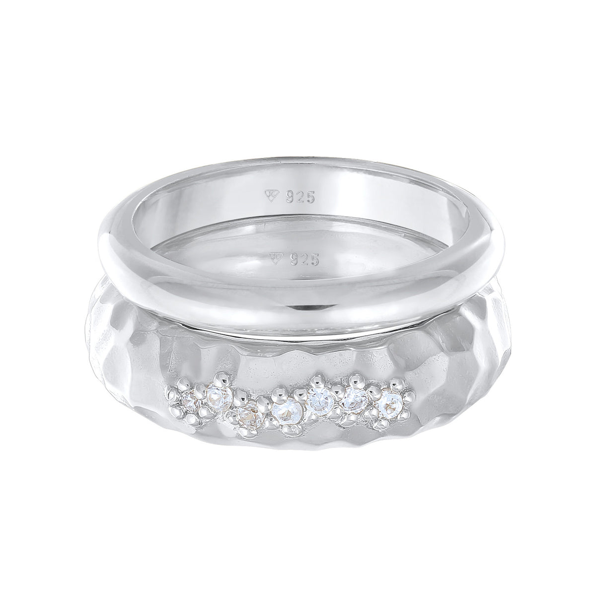 Silber - Elli PREMIUM | Ring-Set Gehämmert | Topas (Weiß) | 925er Sterling Silber