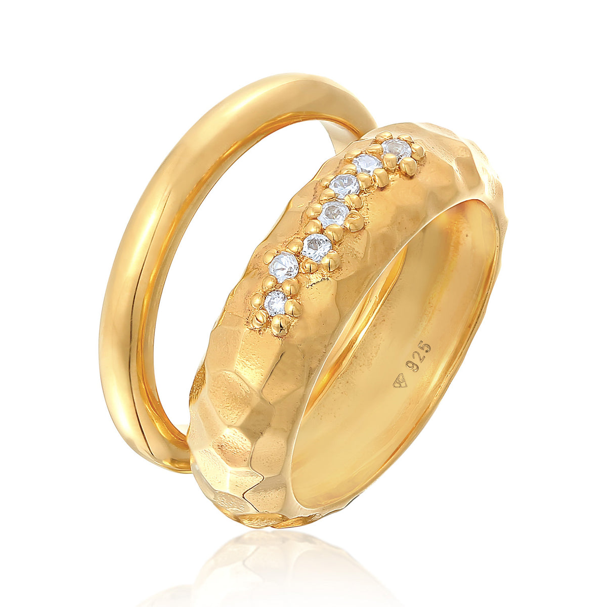 Gold - Elli PREMIUM | Ring-Set Gehämmert | Topas (Weiß) | 925er Sterling Silber