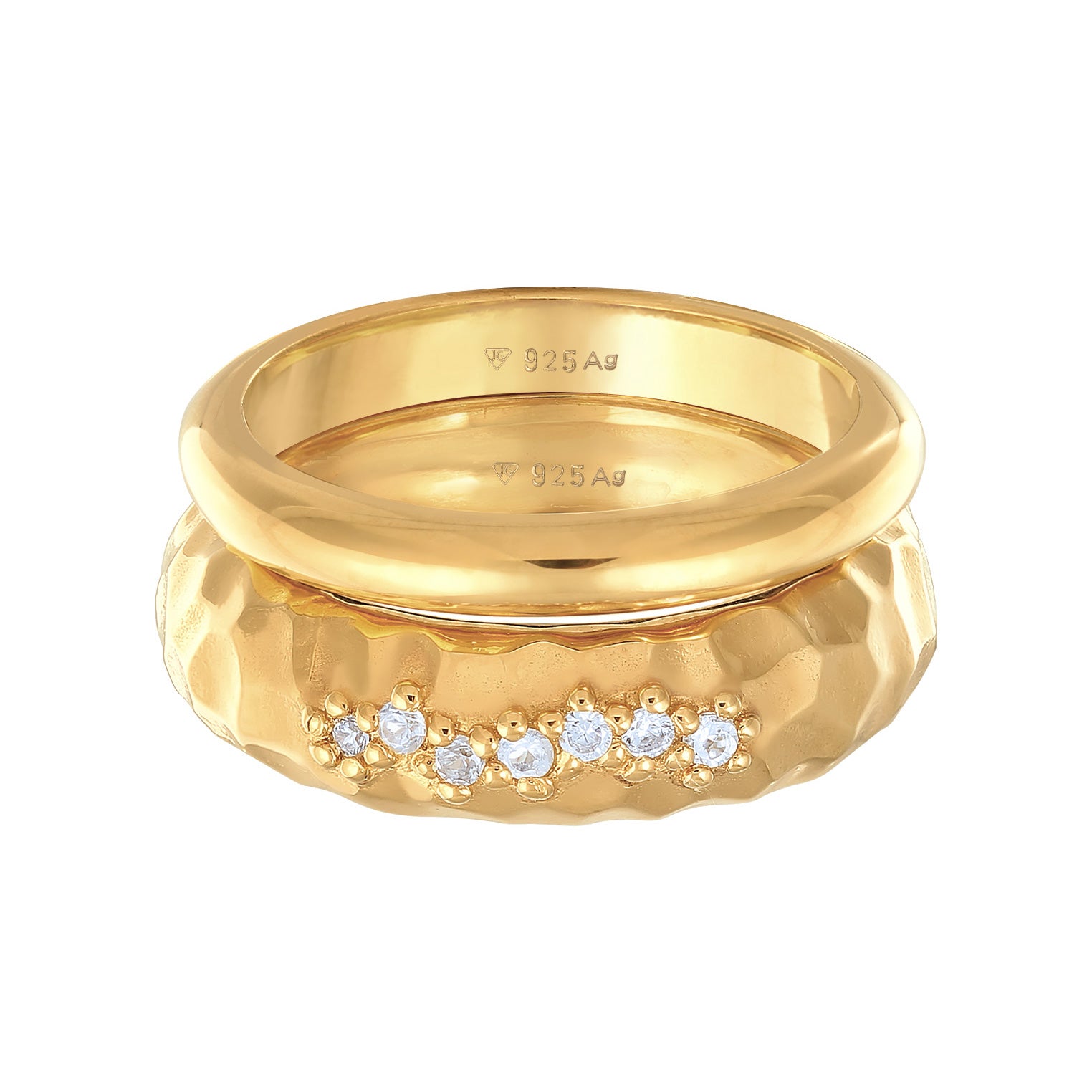 Gold - Elli PREMIUM | Ring-Set Gehämmert | Topas (Weiß) | 925er Sterling Silber