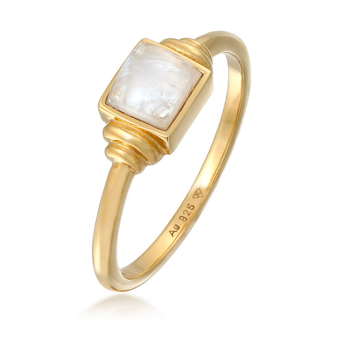 Gold - Elli PREMIUM | Ring Quadrat | Mondstein (Weiß) | 925er Sterling Silber