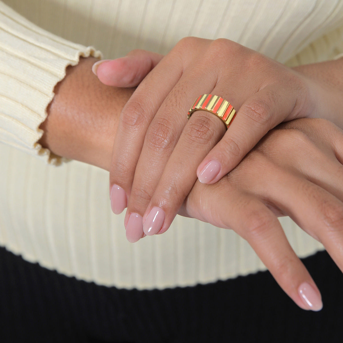 Orange - Elli | Bandring Rillen | Emaille (Orange) | 925er Sterling Silber Vergoldet