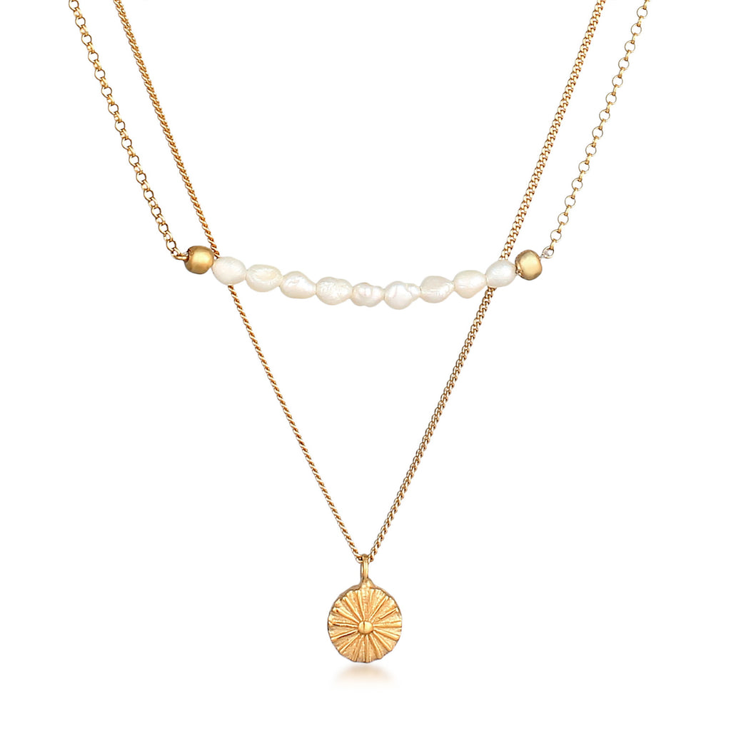 Gold - Elli PREMIUM | Layer-Halskette Boho | Süßwasserzuchtperlen | 925er Sterling Silber vergoldet