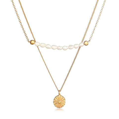 Gold - Elli PREMIUM | Layer-Halskette Boho | Süßwasserzuchtperlen | 925er Sterling Silber vergoldet