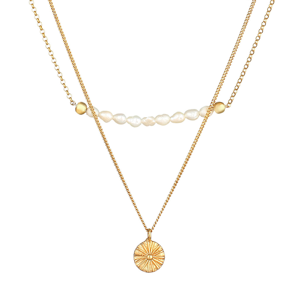 Gold - Elli PREMIUM | Layer-Halskette Boho | Süßwasserzuchtperlen | 925er Sterling Silber vergoldet