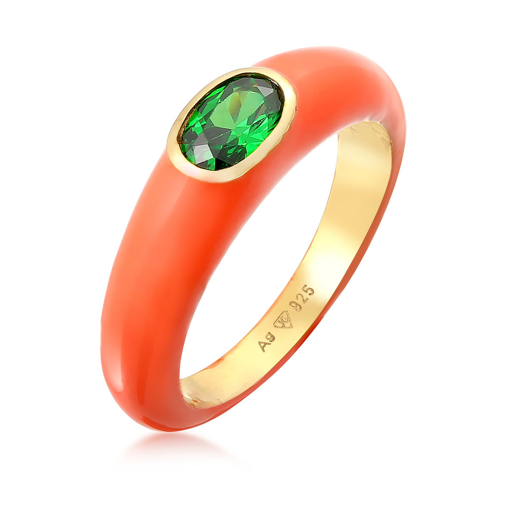 Orange - Elli | Solitär-Ring Oval | Emaille, Zirkonia (Grün) | 925er Sterling Silber Vergoldet